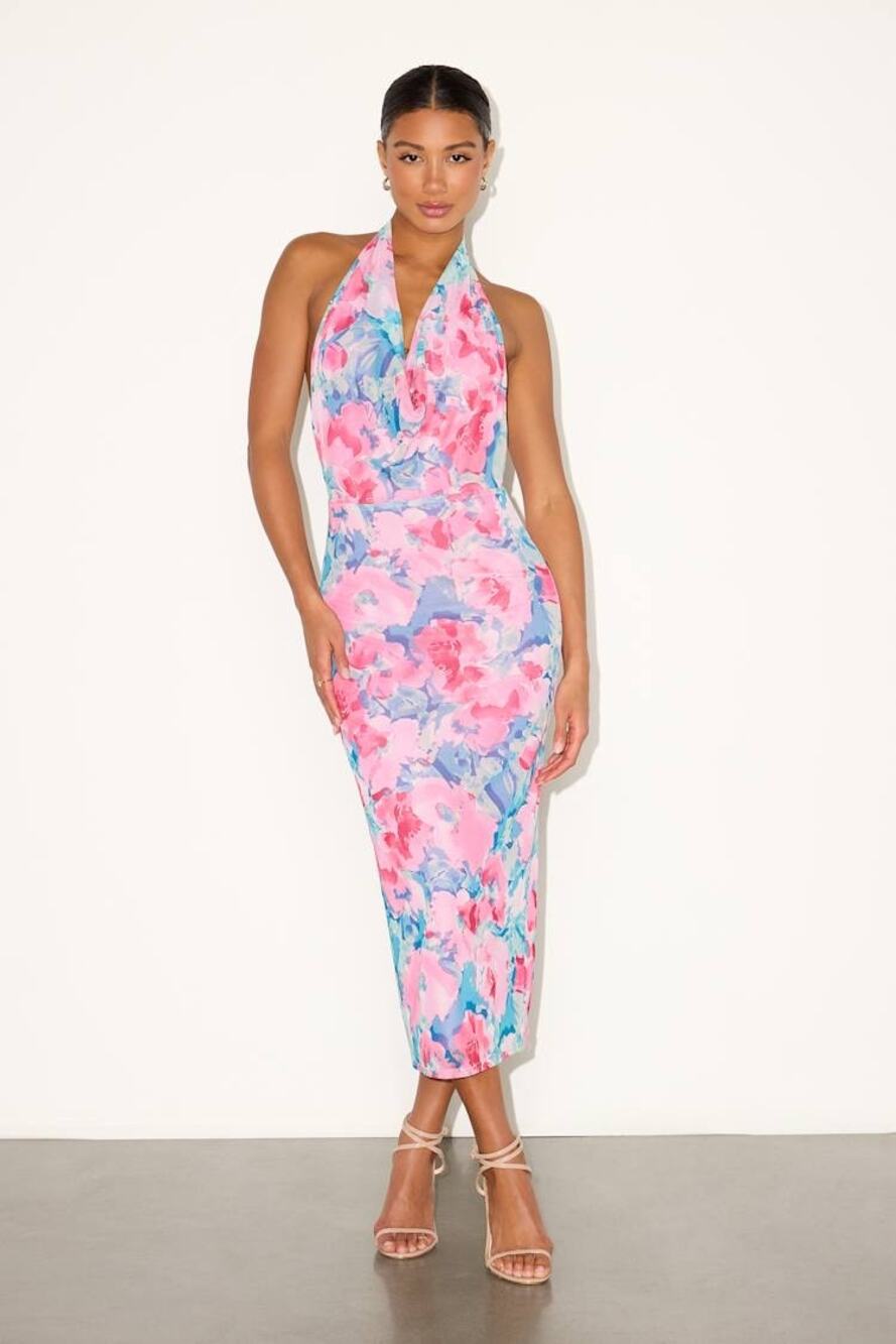 NWT Lulus Venus Teal and Pink Floral Mesh Backless Midi Dress Size XS